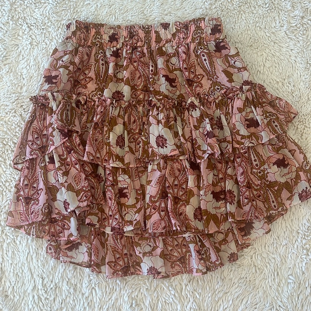 MISA Los Angeles Nahla mini skirt pink and gold floral ruffle print XS NWT